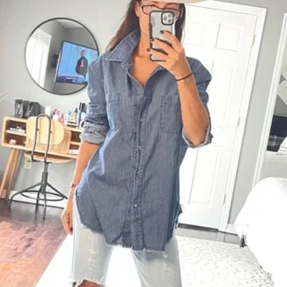 Raquel Allegra Blue Cotton Denim Fringe-Hem Button Down Shirt – Size 3 (Medium)